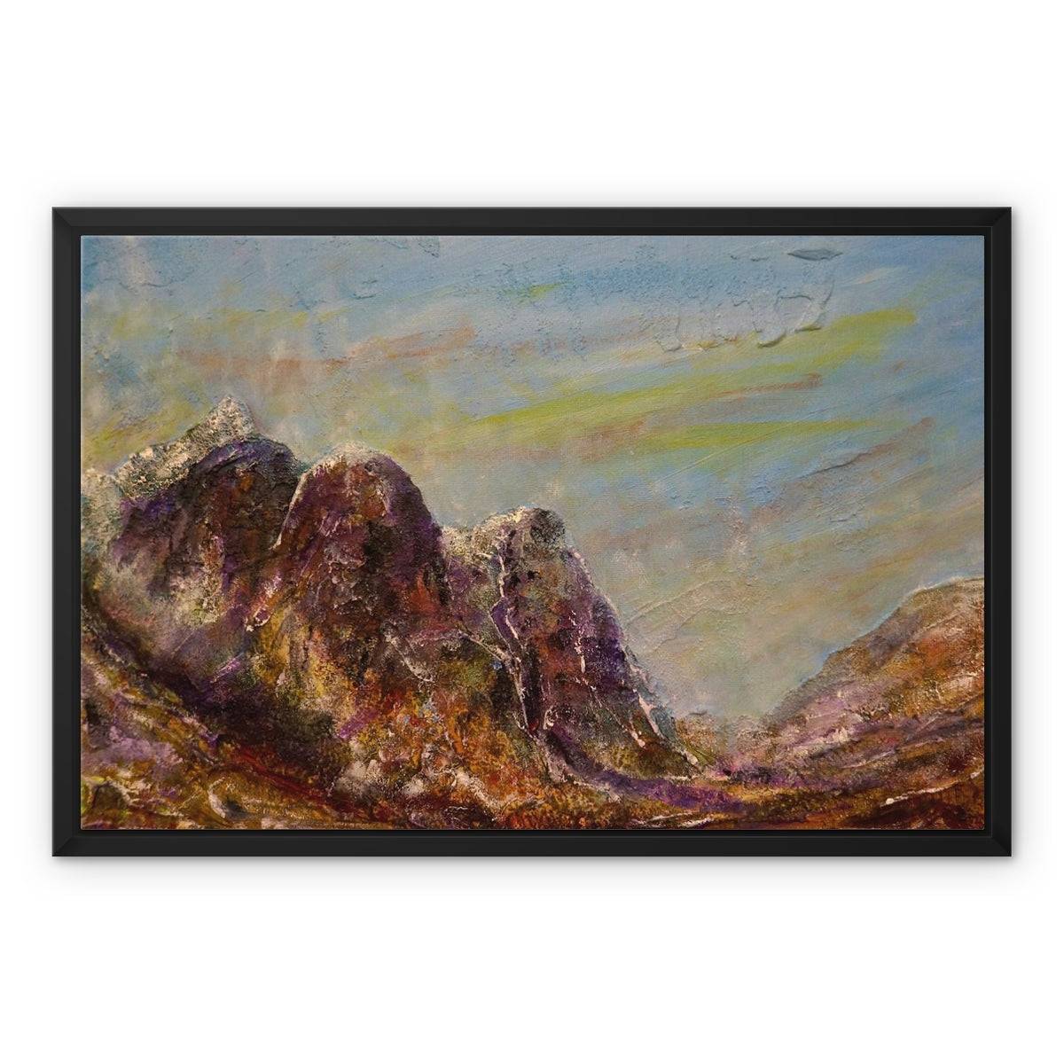Three Sisters Glencoe Painting | Framed Canvas From Scotland-Floating Framed Canvas Prints-Glencoe Art Gallery-24"x18"-Black Frame-Paintings, Prints, Homeware, Art Gifts From Scotland By Scottish Artist Kevin Hunter