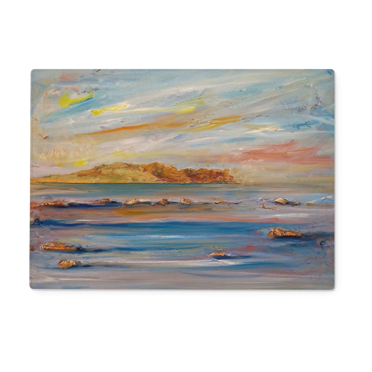 Tiree Dawn Art Gifts Glass Chopping Board | Hebridean Islands Art Gallery | Paintings, Prints, Homeware and Art Gifts From Scotland By Scottish Artist Kevin Hunter