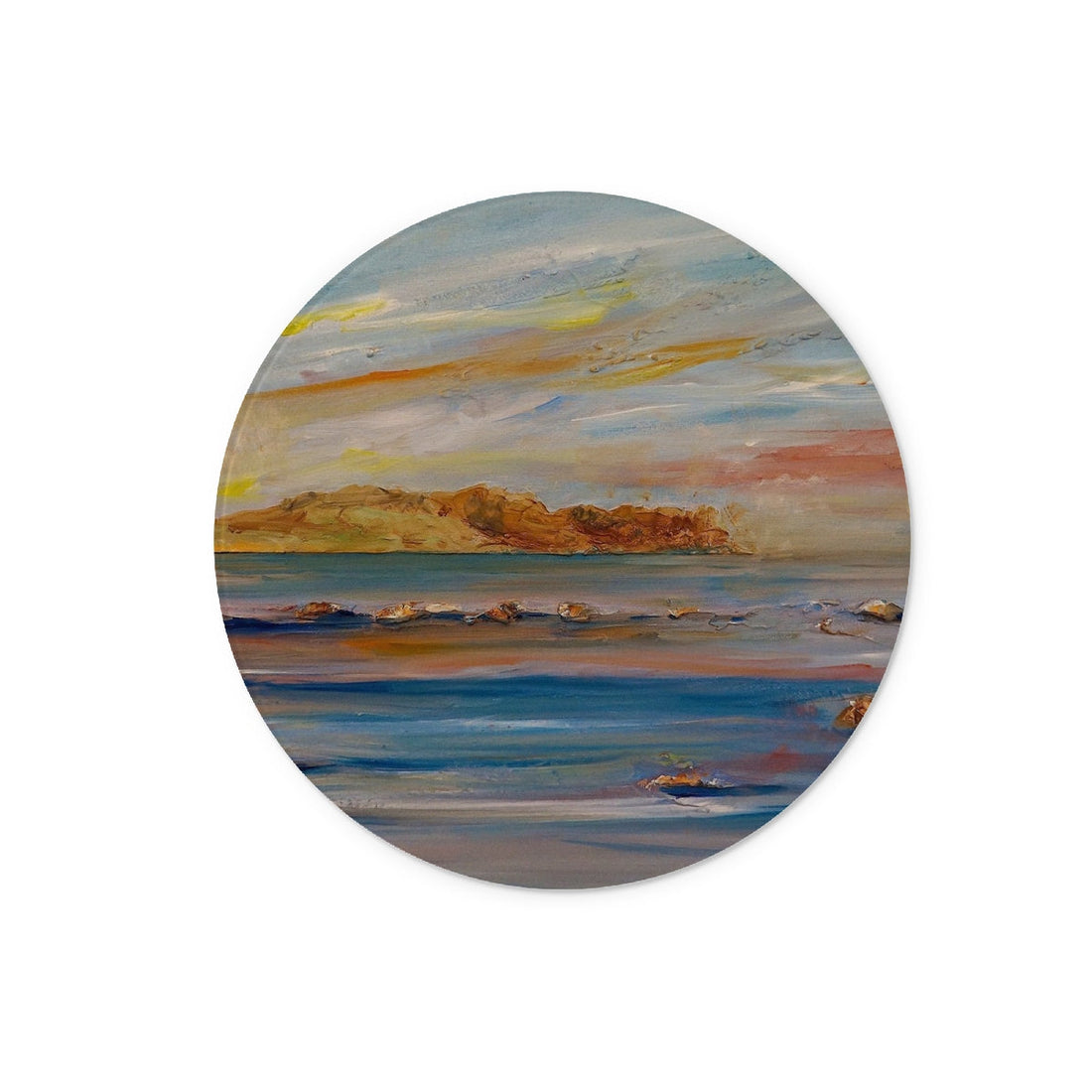 Tiree Dawn Art Gifts Glass Chopping Board | Hebridean Islands Art Gallery | Paintings, Prints, Homeware and Art Gifts From Scotland By Scottish Artist Kevin Hunter