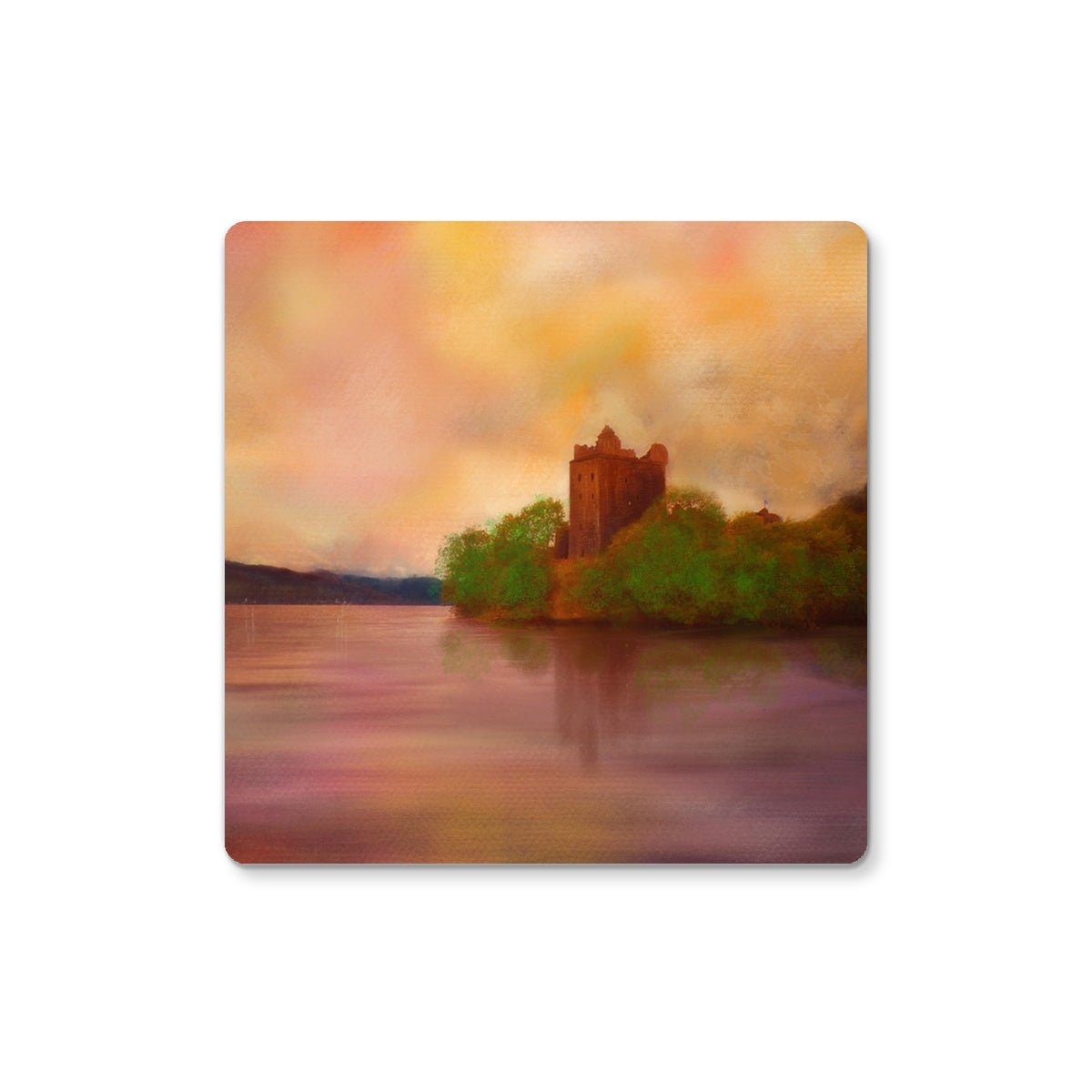 Urquhart Castle Art Gifts Coaster-Coasters-Scottish Castles Art Gallery-6 Coasters-Paintings, Prints, Homeware, Art Gifts From Scotland By Scottish Artist Kevin Hunter