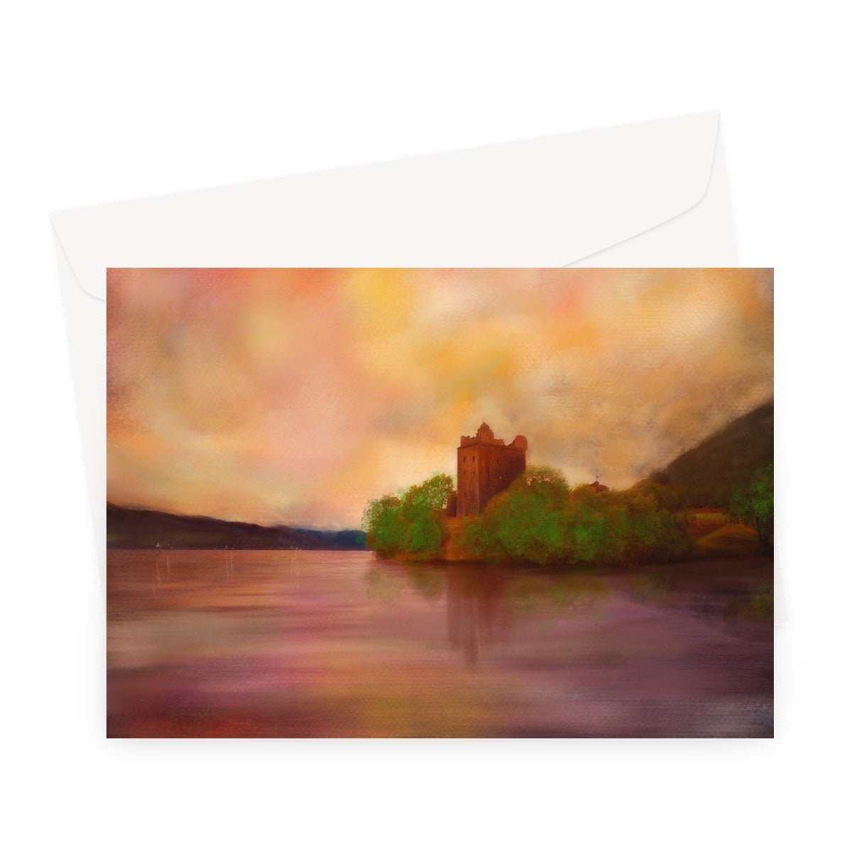 Urquhart Castle Art Gifts Greeting Card-Greetings Cards-Scottish Castles Art Gallery-A5 Landscape-1 Card-Paintings, Prints, Homeware, Art Gifts From Scotland By Scottish Artist Kevin Hunter