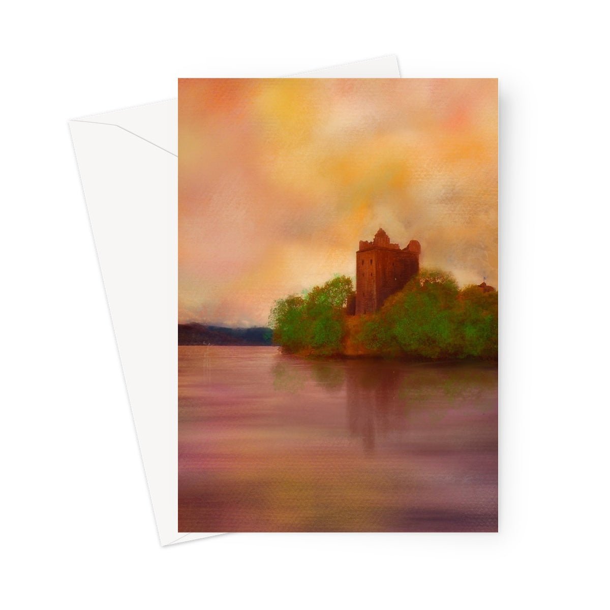 Urquhart Castle Art Gifts Greeting Card-Greetings Cards-Scottish Castles Art Gallery-5"x7"-10 Cards-Paintings, Prints, Homeware, Art Gifts From Scotland By Scottish Artist Kevin Hunter