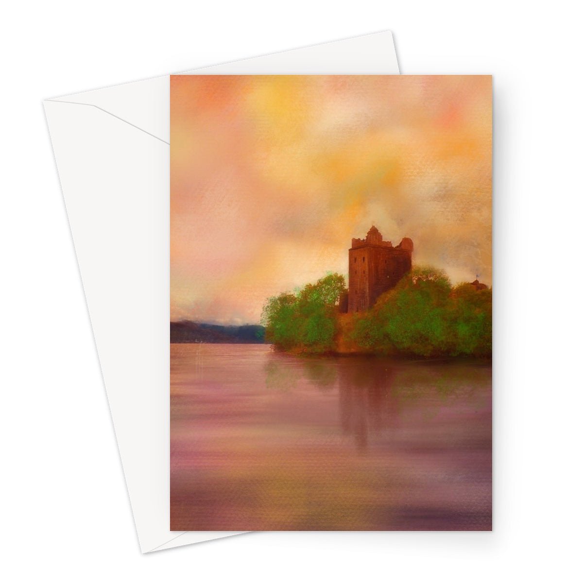 Urquhart Castle Art Gifts Greeting Card-Greetings Cards-Scottish Castles Art Gallery-A5 Portrait-1 Card-Paintings, Prints, Homeware, Art Gifts From Scotland By Scottish Artist Kevin Hunter