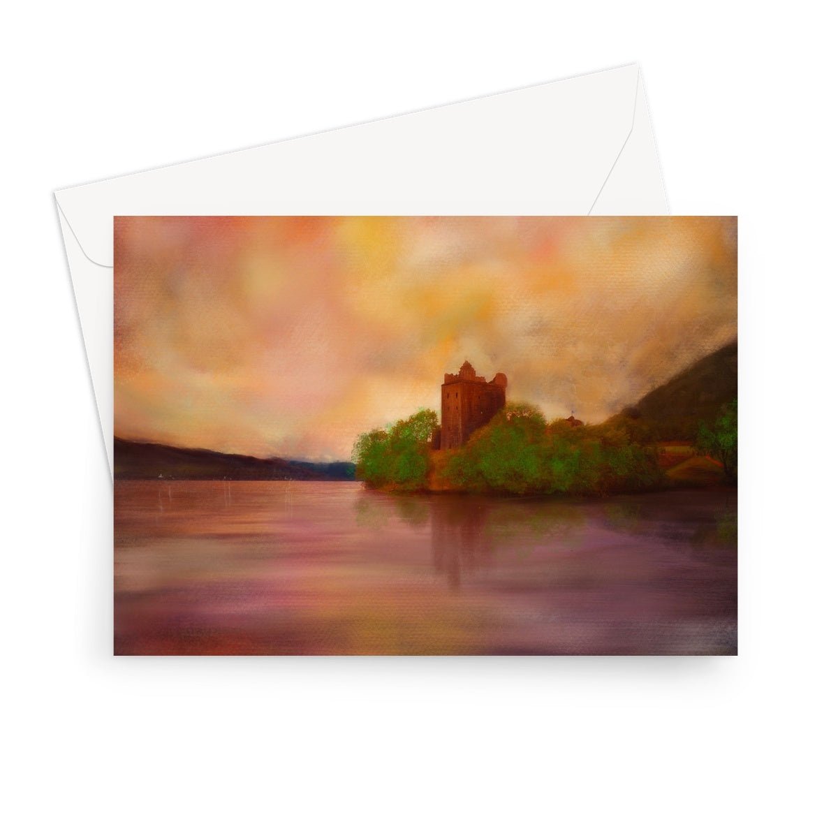 Urquhart Castle Art Gifts Greeting Card-Greetings Cards-Scottish Castles Art Gallery-7"x5"-10 Cards-Paintings, Prints, Homeware, Art Gifts From Scotland By Scottish Artist Kevin Hunter