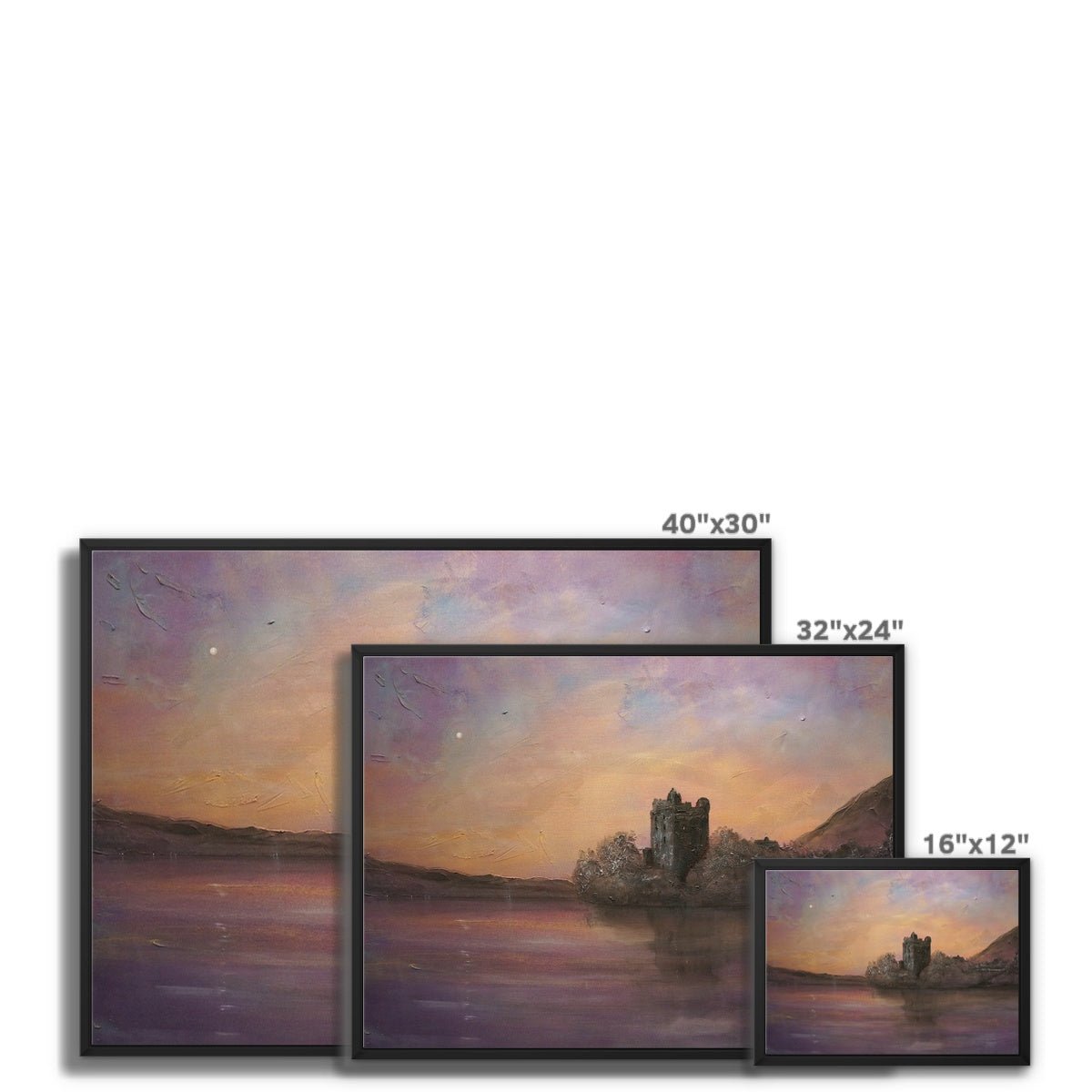 Urquhart Castle Moonlight Painting | Framed Canvas From Scotland-Floating Framed Canvas Prints-Historic & Iconic Scotland Art Gallery-Paintings, Prints, Homeware, Art Gifts From Scotland By Scottish Artist Kevin Hunter