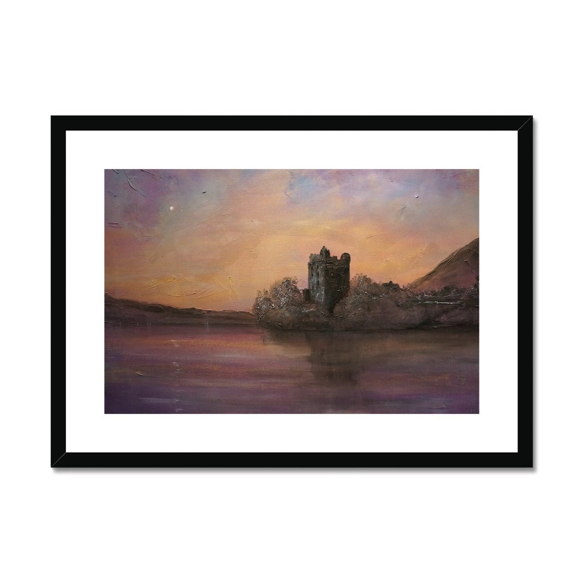 Urquhart Castle Moonlight Painting | Framed & Mounted Prints From Scotland-Framed & Mounted Prints-Historic & Iconic Scotland Art Gallery-A2 Landscape-Black Frame-Paintings, Prints, Homeware, Art Gifts From Scotland By Scottish Artist Kevin Hunter