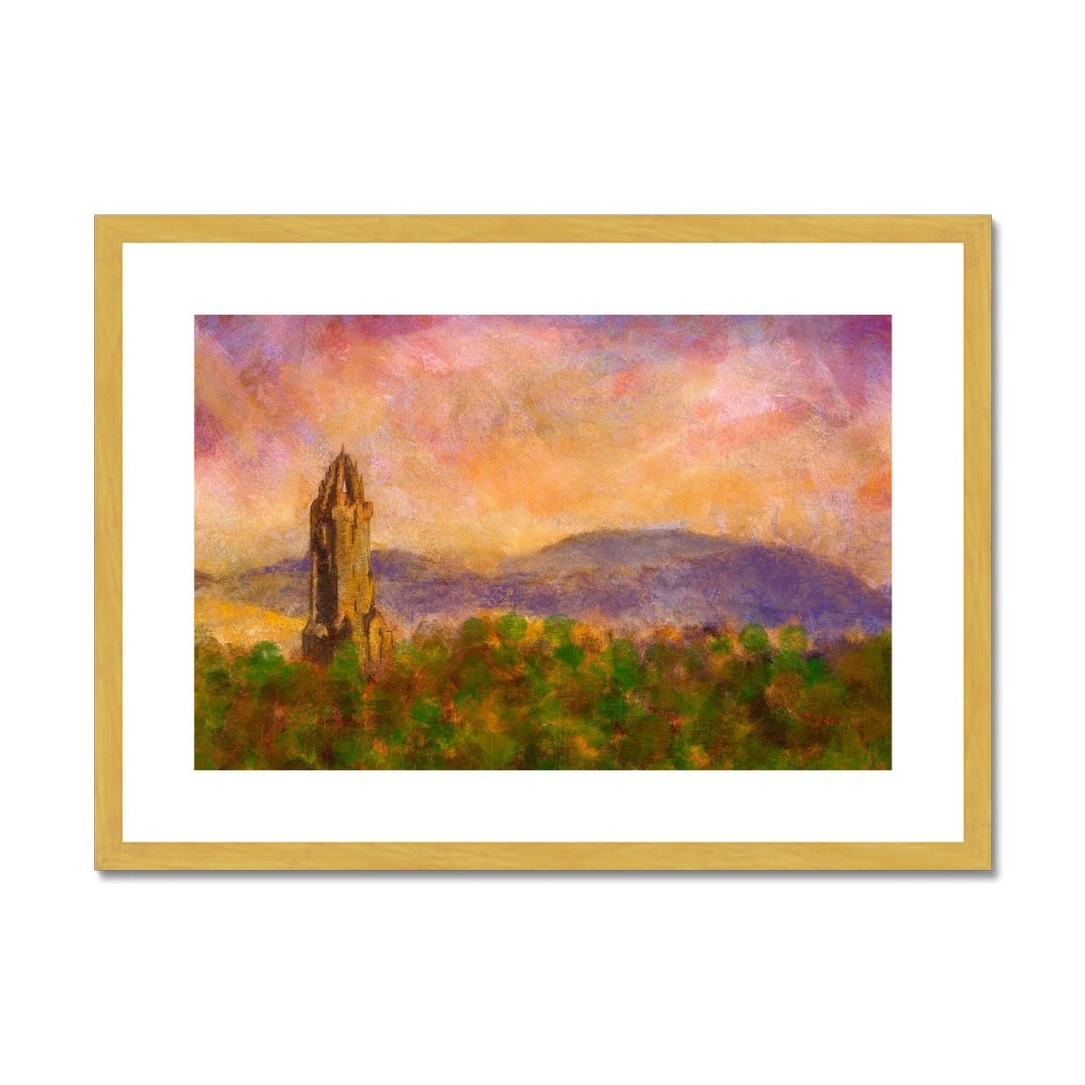 Wallace Monument Dusk Painting | Antique Framed & Mounted Prints From Scotland-Antique Framed & Mounted Prints-Historic & Iconic Scotland Art Gallery-A2 Landscape-Gold Frame-Paintings, Prints, Homeware, Art Gifts From Scotland By Scottish Artist Kevin Hunter